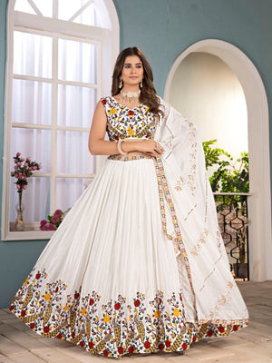 Rajwada White Chinon Embellished Semi Stitched Lehenga For Women