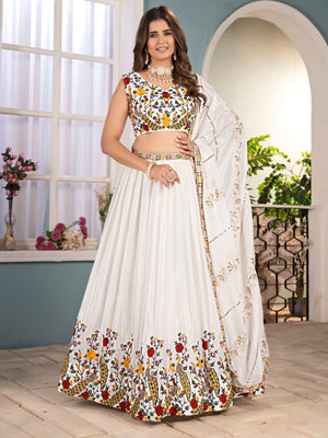 Rajwada White Chinon Embellished Semi Stitched Lehenga For Women