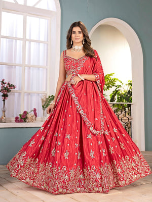 Rajwada Red Chinon Embellished Semi Stitched Lehenga For Women