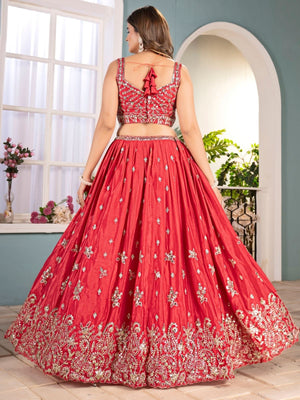 Rajwada Red Chinon Embellished Semi Stitched Lehenga For Women