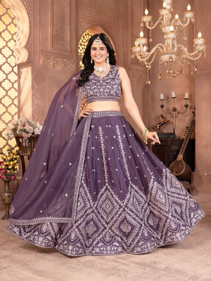 Rajwada Dusty Purple Georgette Embellished Semi Stitched Lehenga For Women