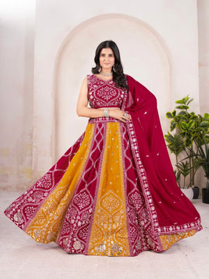 Rajwada Red And Mustard Silk Blend Embellished Semi Stitched Lehenga For Women