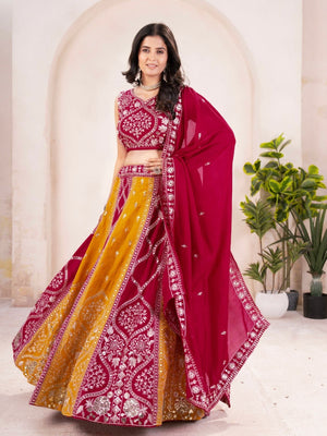 Rajwada Red And Mustard Silk Blend Embellished Semi Stitched Lehenga For Women
