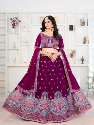 Rajwada Wine Georgette Embellished Semi Stitched Lehenga For Women