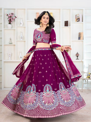 Rajwada Wine Georgette Embellished Semi Stitched Lehenga For Women