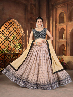 Rajwada Beige Georgette Embroidered Semi Stitched Lehenga For Women