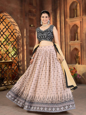 Rajwada Beige Georgette Embroidered Semi Stitched Lehenga For Women