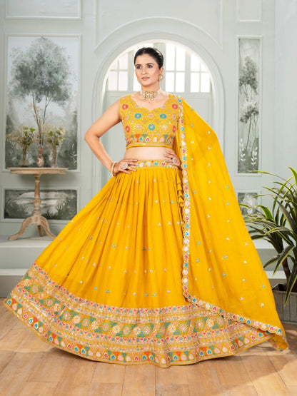 Rajwada Yellow Georgette Embellished Semi Stitched Lehenga For Women