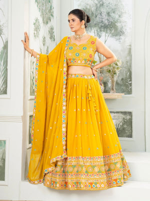 Rajwada Yellow Georgette Embellished Semi Stitched Lehenga For Women