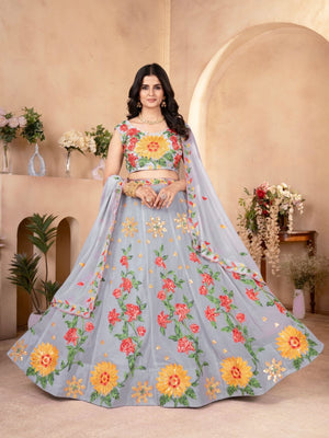 Rajwada Grey Georgette Embellished Semi Stitched Lehenga For Women