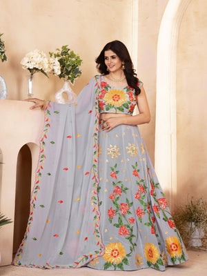Rajwada Grey Georgette Embellished Semi Stitched Lehenga For Women