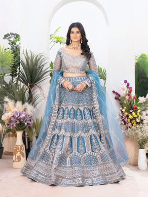 Rajwada Sky Blue Net Embellished Semi Stitched Lehenga For Women