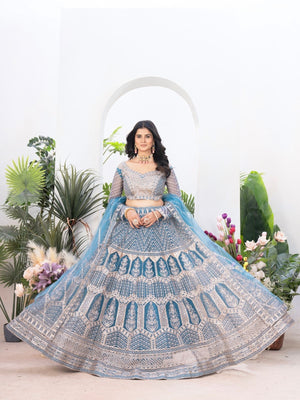 Rajwada Sky Blue Net Embellished Semi Stitched Lehenga For Women