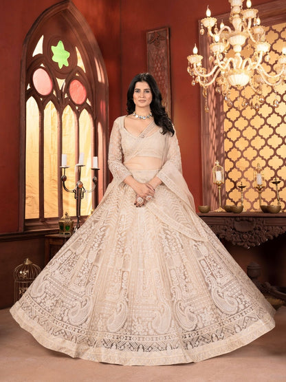Rajwada Beige Net Embellished Semi Stitched Lehenga For Women