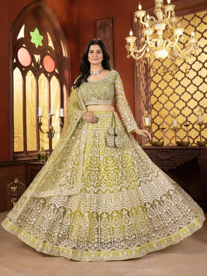 Rajwada Lime Green Net Embellished Semi Stitched Lehenga For Women