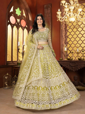 Rajwada Lime Green Net Embellished Semi Stitched Lehenga For Women