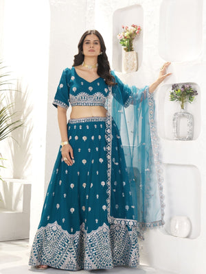 Rajwada Teal Blue Georgette Embellished Semi Stitched Lehenga For Women