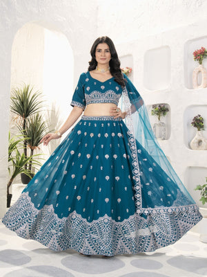 Rajwada Teal Blue Georgette Embellished Semi Stitched Lehenga For Women