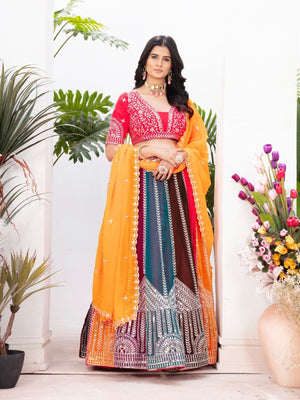 Rajwada Multi Colour Georgette Embellished Semi Stitched Lehenga For Women