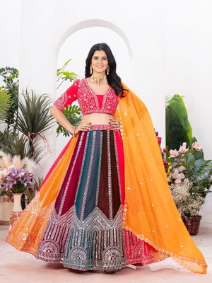 Rajwada Multi Colour Georgette Embellished Semi Stitched Lehenga For Women