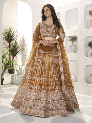 Rajwada Brown Net Embellished Semi Stitched Lehenga For Women