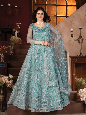 Rajwada Sky Blue Net Embellished Semi Stitched Lehenga For Women