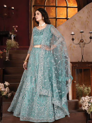 Rajwada Sky Blue Net Embellished Semi Stitched Lehenga For Women
