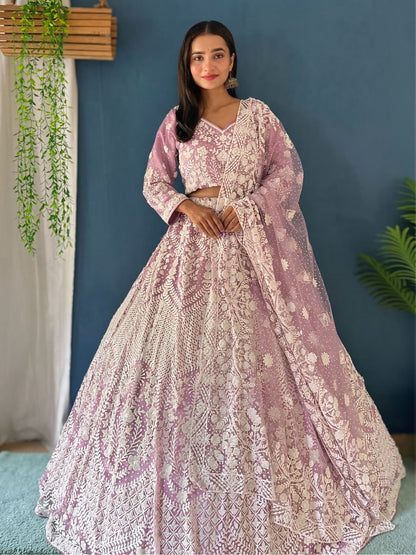 Rajwada Lavender Net Embellished Semi Stitched Lehenga For Women