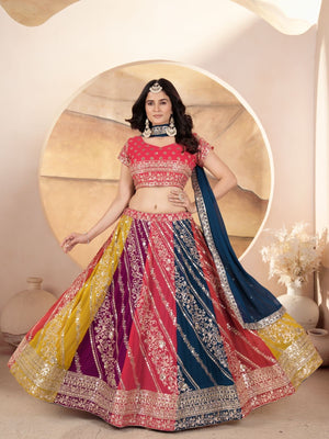 Rajwada Multi Colour Georgette Embellished Semi Stitched Lehenga For Women