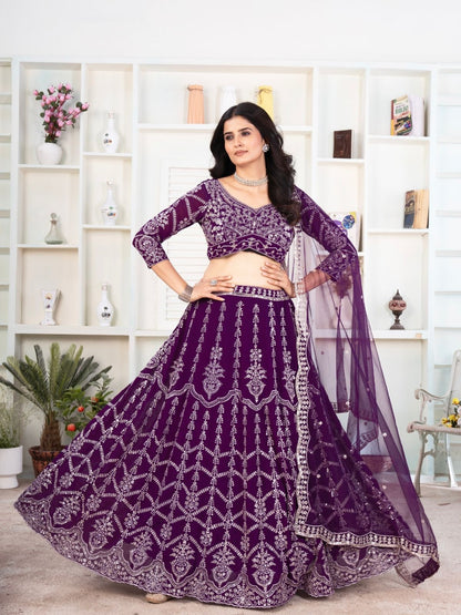 Rajwada Deep Purple Georgette Embellished Semi Stitched Lehenga For Women