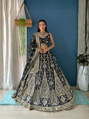 Rajwada Black Silk Blend Embellished Semi Stitched Lehenga For Women