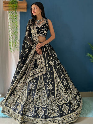 Rajwada Black Silk Blend Embellished Semi Stitched Lehenga For Women
