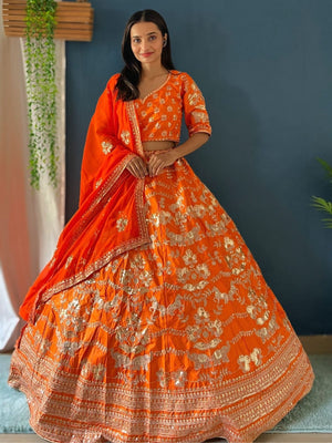 Rajwada Orangge Silk Blend Embellished Semi Stitched Lehenga For Women