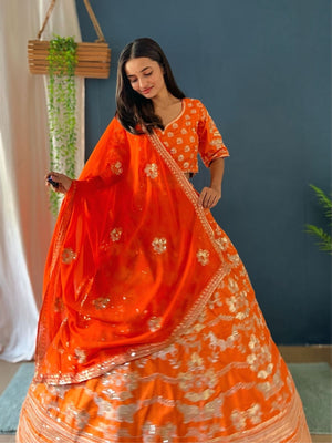 Rajwada Orangge Silk Blend Embellished Semi Stitched Lehenga For Women