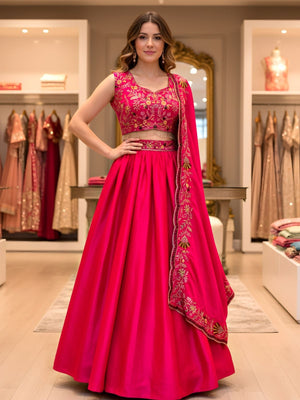 Rajwada Pink Satin Embellished Semi Stitched Lehenga For Women