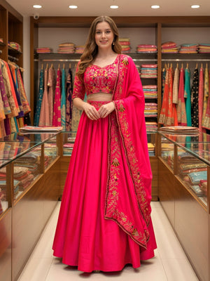Rajwada Pink Satin Embellished Semi Stitched Lehenga For Women