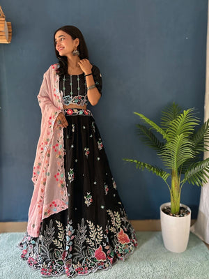Rajwada Black Silk Blend Embellished Semi Stitched Lehenga For Women