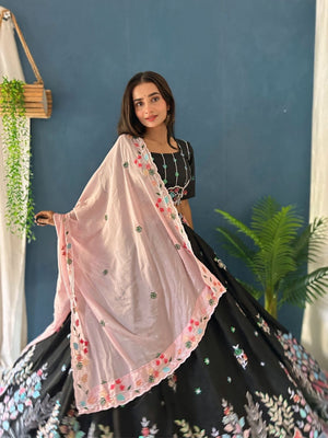 Rajwada Black Silk Blend Embellished Semi Stitched Lehenga For Women