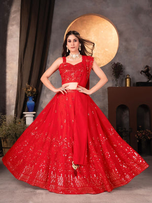 Rajwada Red Georgette Embellished Semi Stitched Lehenga For Women