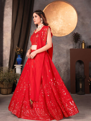 Rajwada Red Georgette Embellished Semi Stitched Lehenga For Women