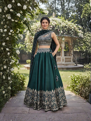 Rajwada Dark Green Silk Blend Embroidered Semi Stitched Lehenga For Women
