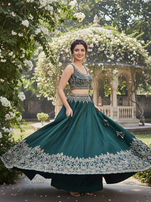 Rajwada Dark Green Silk Blend Embroidered Semi Stitched Lehenga For Women