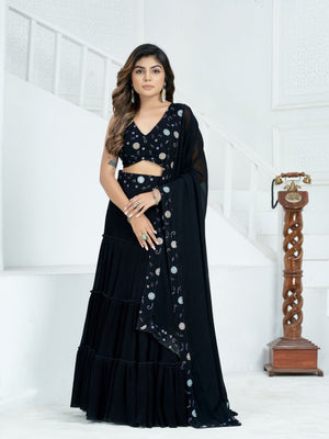 Rajwada Black Georgette Embellished Semi Stitched Lehenga For Women