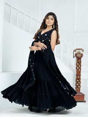 Rajwada Black Georgette Embellished Semi Stitched Lehenga For Women