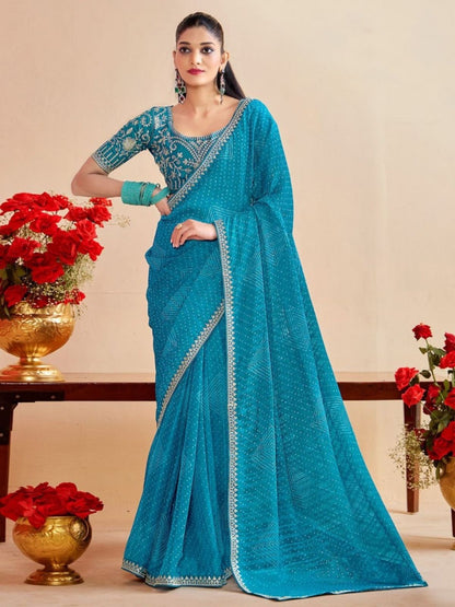 Rajwada Sky Blue Chiffon Embellished Saree For Women