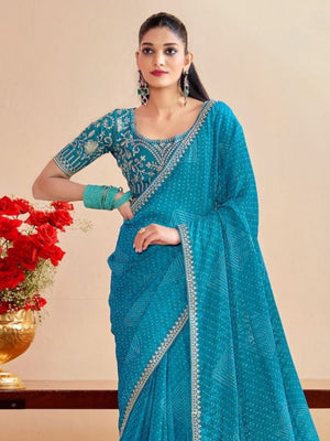 Rajwada Sky Blue Chiffon Embellished Saree For Women