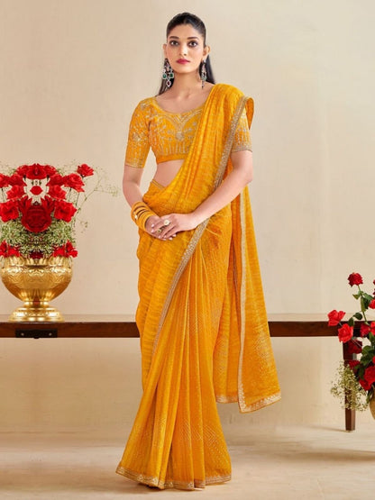 Rajwada Yellow Chiffon Embellished Saree For Women
