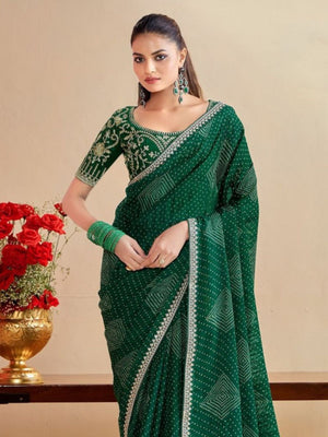 Rajwada Green Chiffon Embellished Saree For Women