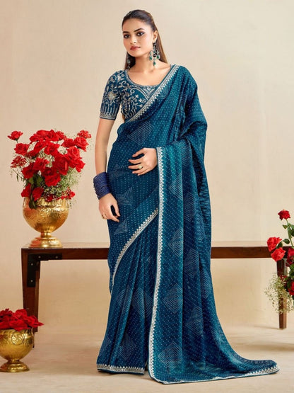 Rajwada Teal Chiffon Embellished Saree For Women