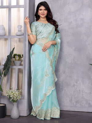 Rajwada Sky Blue Chiffon Embroidered Saree For Women